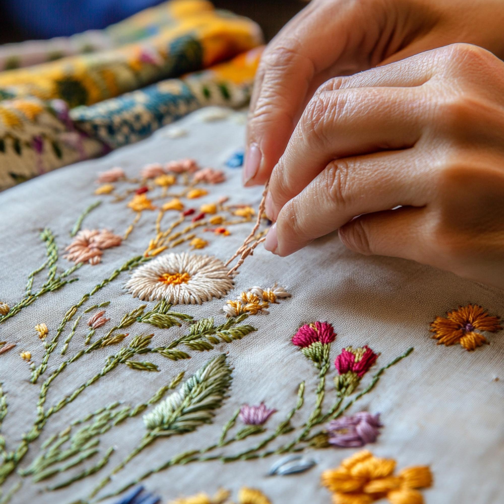 Mano che ricama un pattern floreale su tessuto